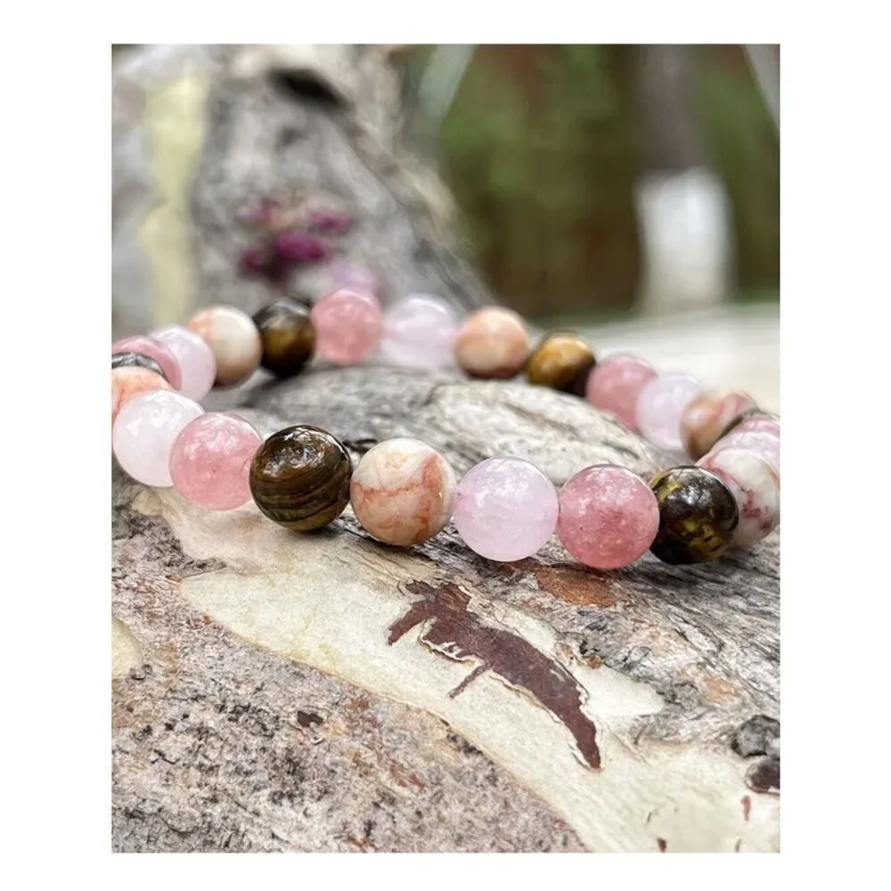 Soothing Body & Mind Handcrafted Bracelet Tiger Stone Rose Quartz Pink Jasper